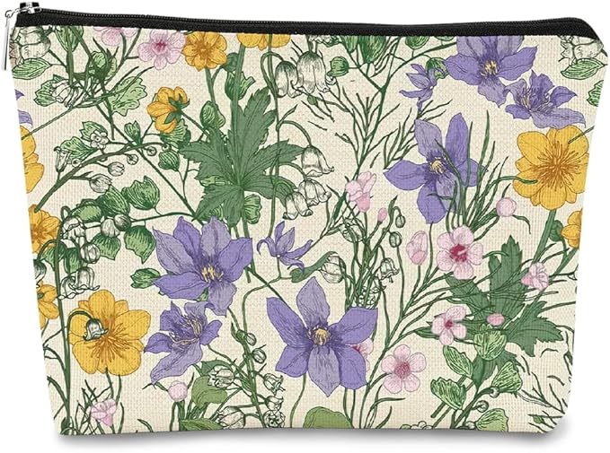 Vintage Cottagecore Summer Wild Flowers Botanical Herbs Makeup Bag,Colorful Floral Cosmetic Bag Best Gift Idea for Flower Lovers Girls Women Mom,Birthday Gifts for Girls,Mother's Day Gifts for Mom