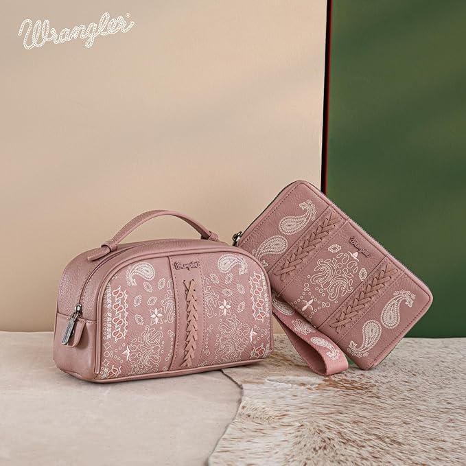 Montana West Wrangler Makeup Bag for Women Small Cosmetic Toiletry Bags Western Paisley Make Up Pouch Durable Cute Travel Purse, Pink