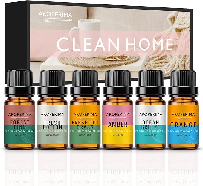 Clean Home Fragrance Essential Oil Set - Forest Pine, Fresh Cut Grass, Fresh Cotton, Ocean Breeze, Orange, Amber 6x10ML for Diffusers, Aromatherapy, Massage, Perfume, Soap Making and Candle
