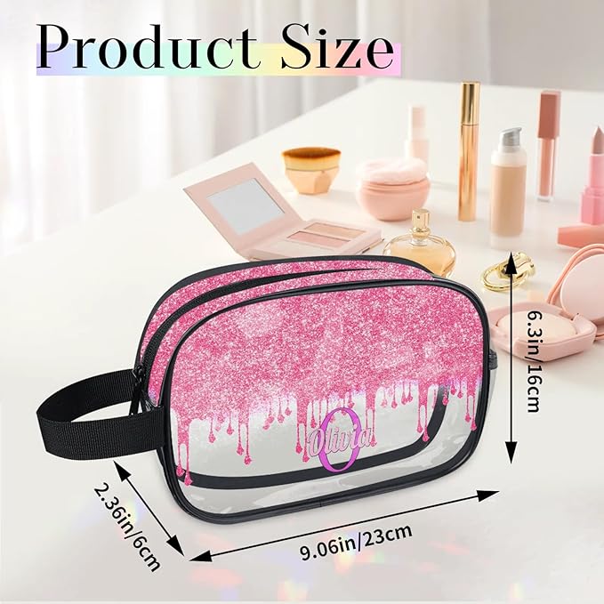Customized Travel Makeup Toiletry Bag, PVC Transparent Waterproof Large Cosmetic Bag Makeup Shaving Bag Organizer Case, Hot Pink Curtain Glittery