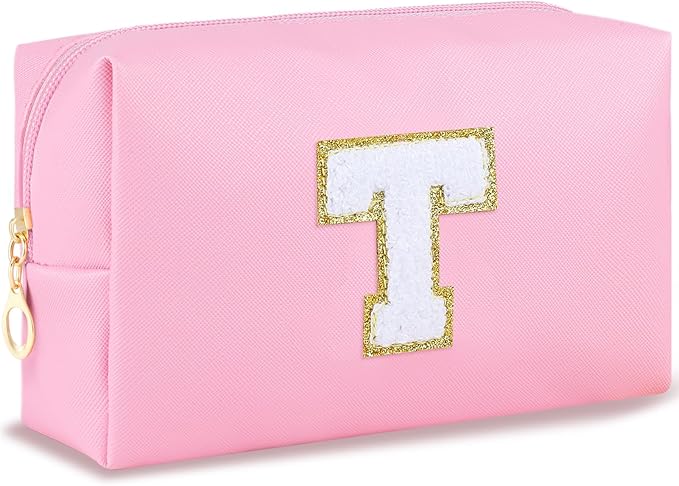 Initial Preppy Makeup Bag for Women Teen Girls Travel Small Cosmetic Bag Cute Pink Personalized Preppy Makeup Pouch Zippered Toiletry Bag Organizer PU Leather Aesthetic Makeup Bag（T）