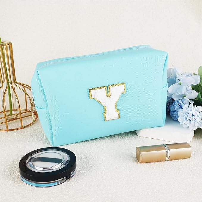Gifts for Girls Initial Makeup Bag Personalized Cosmetic Bag with Zipper Cute Travel Toiletry Bag Waterproof PU Preppy Makeup Pouch Birthday Gift for Teen Girls Women(Blue Y)
