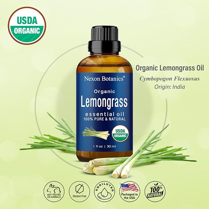 Organic Lemongrass Essential Oil 30 ml - Pure, Natural Oils for Aromatherapy, Diffusers, DIY, Candle and Soap Making Scent - Nexon Botanics