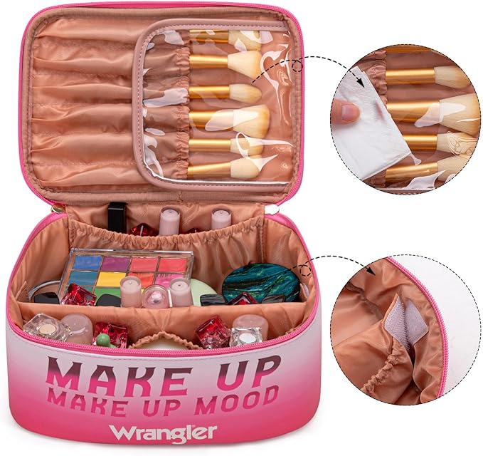 Montana West X Wrangler Travel Makeup Bag 2pcs Set Large Cosmetic Bag with Makeup Brush Holder Portable Make Up Organizer Cute Toiletry Bag with Divider and Handle for Women Gradient