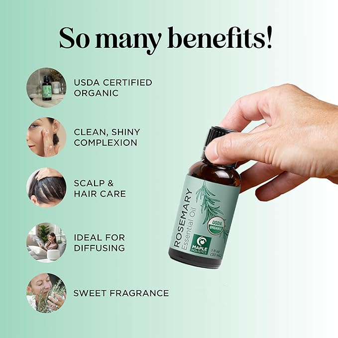 Certified Organic Rosemary Oil for Hair - Pure USDA Organic Rosemary Essential Oil for Hair Skin and Nails Plus Aromatherapy - Oil for Dry Scalp Treatment and Enhanced Volume and Shine