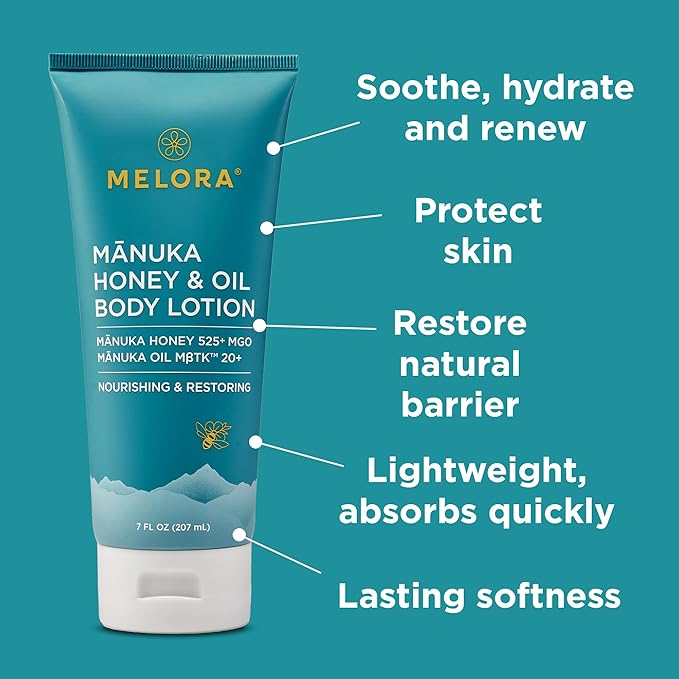 MELORA Manuka Honey Body Lotion (7oz), Moisturizing Lotion with Soothing Manuka Honey & Oil for Dry, Very Dry, Sensitive, or Aging Skin – Cream Moisturizer for Women & Men