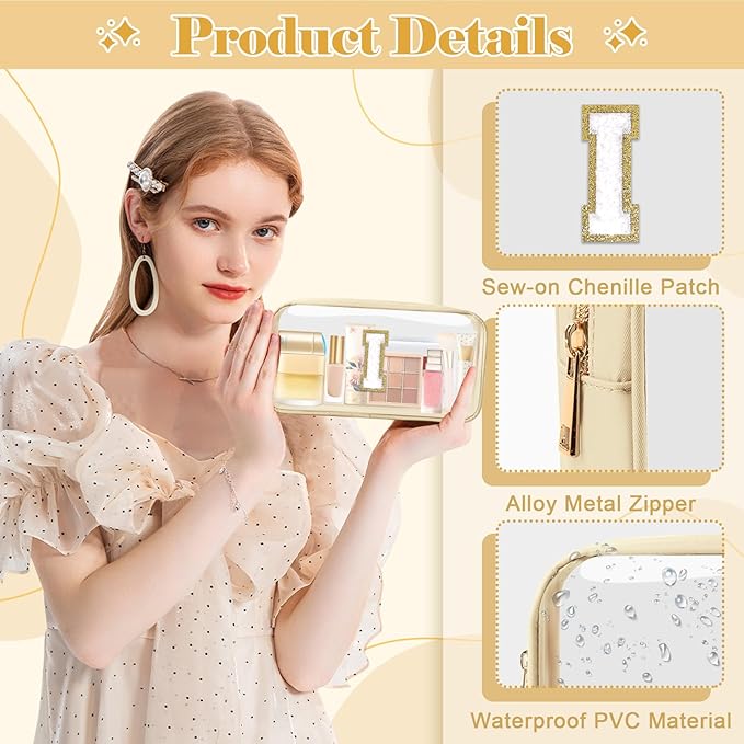 Personalized Initial Letter Clear Makeup Bag,Preppy Small Nylon&PVC Cosmetic Zipper Bag with Chenille Letter,Portable Beach Travel Skincare Toiletry Bag,Trendy Monogram Gift for Teen Girls Women,I