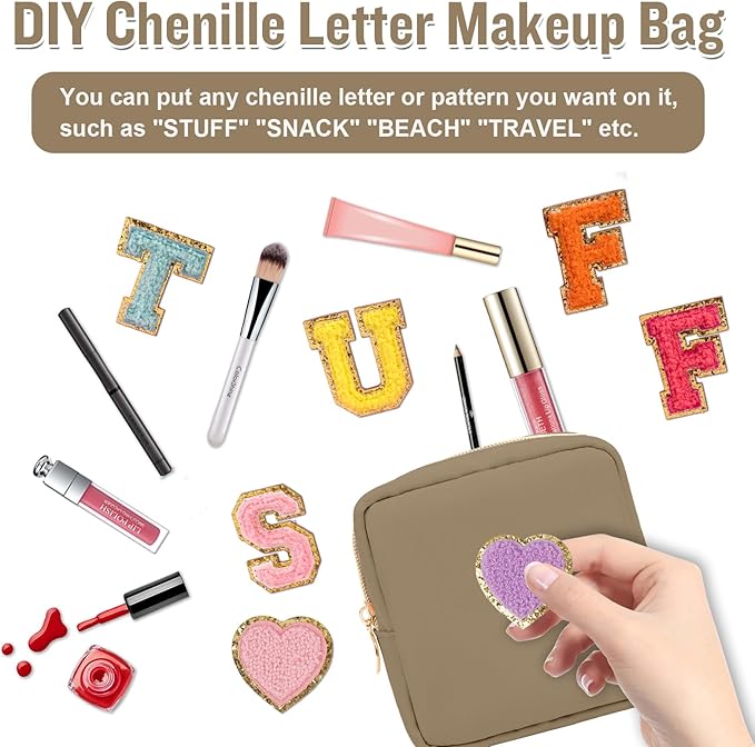 Nylon Mini Makeup Bag for Purse, Preppy Small Cute Makeup Bag Cosmetic Zipper Pouch Purse, Waterproof Travel Coin Pouch Sanitary Napkin Storage Bag Clutch Makeup Organizer Pouch for Women Girls(Khaki)