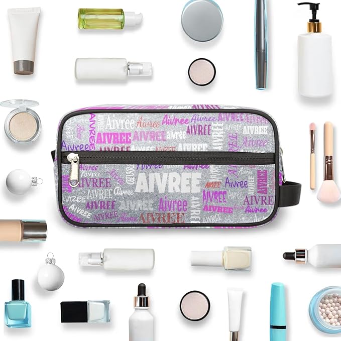 Personalized Travel Cosmetic Bag Waterproof Makeup Bags, Custom Name Organizer Case Toiletries Container Bag Silver Glitters
