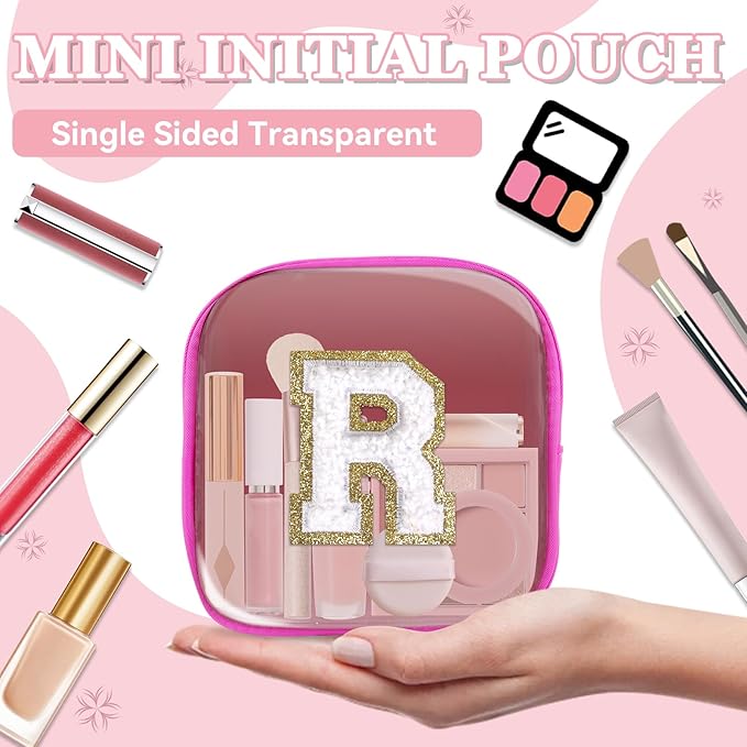 Mini Clear Personalized Initial Makeup Bag,Nylon Preppy A-Z Chenille Letter Patch Zipper Cosmetic Bag, Small Cute Beach Pouch Travel Purse Sanitary Napkin Storage Bag for Women Girls(Hot Pink-White R)