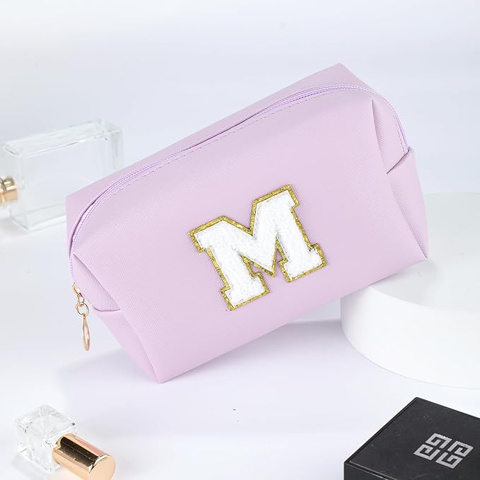 MSQ Personalized Makeup Bag Initial A-Z Patch Bag, PU Leather Cosmetic Bag Pouch Travel Toiletry Bag with Zipper, Gift Ideal for Teen Girls Friend Mom Women Birthday (Purple M)