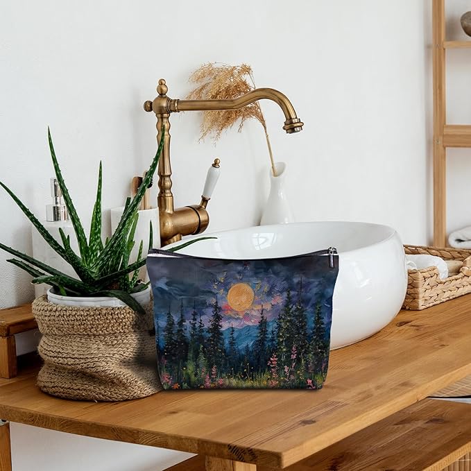 Watercolor Full Moon Above the Wildflowers Makeup bag, Cottagecore Accessories Cosmetic Bag, Cottagecore Gifts, Mystical Under Cold Moons Scenic Cosmetic Bag Toiletry Bag