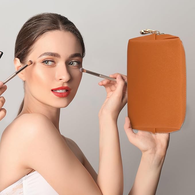 Sanwuta 9 Pcs Makeup Bags Bulk PU Double Zippers Cosmetic Bag Makeup Toiletry Christmas Small Pouch Portable Travel Organizers Case for Women Bridesmaid Party End of The Year(Brown Series)