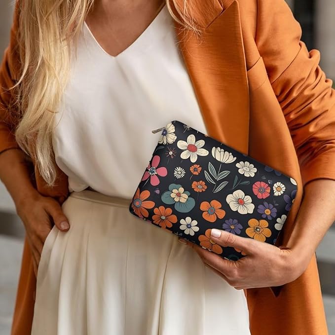 COEQINE Leather Cosmetic Purses for Women Large Capacity Floral Makeup Travel Bag With Zipper Portable Soft Pu Cosmetic Purse for Women Casual formal Wedding Handbag Cosmetic Travel Storage Bag