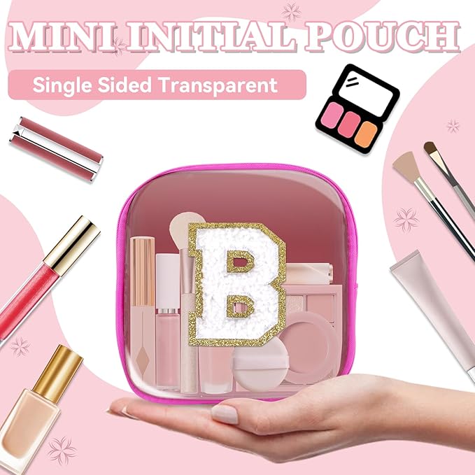 Mini Clear Personalized Initial Makeup Bag,Nylon Preppy A-Z Chenille Letter Patch Zipper Cosmetic Bag, Small Cute Beach Pouch Travel Purse Sanitary Napkin Storage Bag for Women Girls(Hot Pink-White B)
