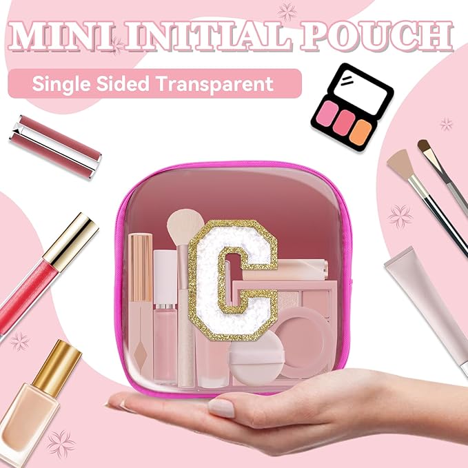 Mini Clear Personalized Initial Makeup Bag,Nylon Preppy A-Z Chenille Letter Patch Zipper Cosmetic Bag, Small Cute Beach Pouch Travel Purse Sanitary Napkin Storage Bag for Women Girls(Hot Pink-White C)