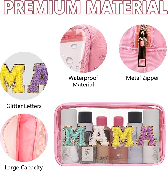 Iqimott Clear Patch Makeup Bag Mama Pouch, Preppy Personalized Chenille Letter Cosmetic Pouch for Travel, Nylon Waterproof Travel Essentials Zipper Toiletry Bags for Women Girls(MAMA, Pink)