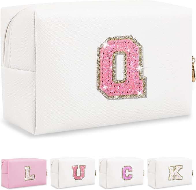 Personalized Initial Makeup Bag, Small Preppy Glitter Letter Cosmetic Pouch PU Waterproof Zipper Travel Toiletry Bag, Unique Letter Patch Makeup Organizer Gift for Women Teen Girls