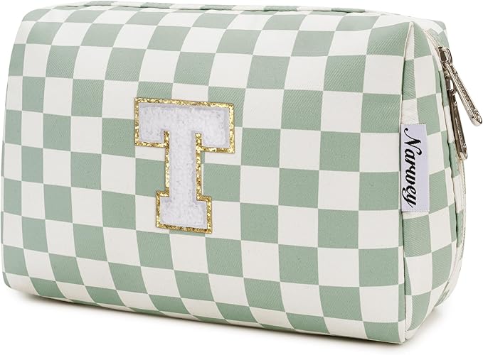 Narwey Birthday Gifts for Teen Girls Women Personalized Initial Checkered Makeup Bag Preppy Cosmetic Bag Trendy Stuff 6 8 10 11 12 13 14 16 18 Years Old Travel Toiletry Bag (Green Letter T)