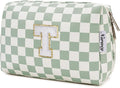 Narwey Birthday Gifts for Teen Girls Women Personalized Initial Checkered Makeup Bag Preppy Cosmetic Bag Trendy Stuff 6 8 10 11 12 13 14 16 18 Years Old Travel Toiletry Bag (Green Letter T)