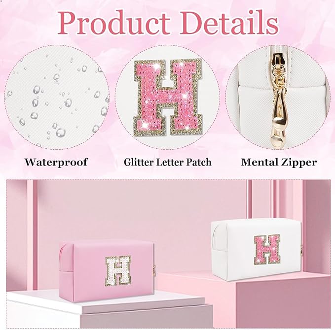Glitter Initial Letter Makeup Bag, Small Personalized Sequins Letters PU Leather Cosmetic Bag Portable Waterproof Makeup Zipper Pouch, Shine Handbag Organizer Travel Bag Gifts for Women&Girls(White-H)