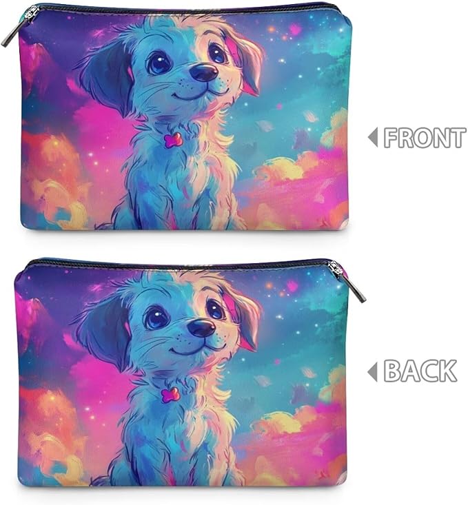 COEQINE Leather Cosmetic Bag for Women Travel Makeup Bag Waterproof Cosmetic Purses for Women Wedding Party Purse With Zipper Portable,Cute Dog Starry Sky Neon Pattern