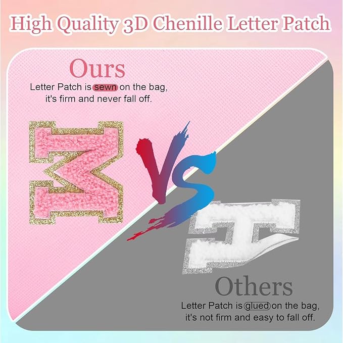 Small Personalized Glitter Initial Letter Makeup Bag, Cute PU Leather Chenille Letters Cosmetic Bag Travel Makeup Pouch, Preppy Travel Organizer Zipper Pouch for Women&Girls（PinkPink-P）