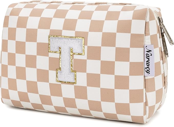 Narwey Birthday Gifts for Women Teen Girls Kids Personalized Initial Checkered Makeup Bag Cute Cosmetic Bag Trendy Stuff 6 8 10 11 12 13 14 16 18 Years Old Travel Toiletry Bag (Brown Letter T)