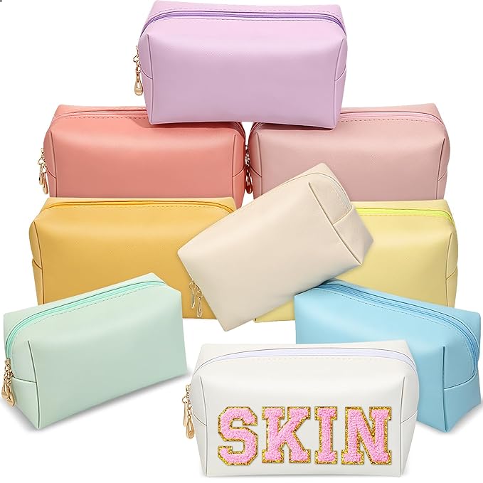 Sanwuta 9 Pcs Makeup Bags Bulk PU Double Zippers Cosmetic Bag Makeup Toiletry Christmas Small Pouch Portable Travel Organizers Case for Women Bridesmaid Party End of The Year(Macaron Colors)