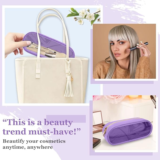 Nylon Small Clear Slim Preppy Cosmetic Zipper Pouch, PVC Toiletry Clutch Coin Makeup Organizer for Women Girls (Purple)