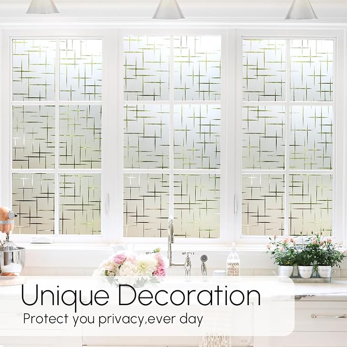 HIDBEA Window Privacy Film, Decorative Staic Cling Frosting Film, Heat Control UV Blocking Non-Adhesive Window Sticker for Home, Cross Pattern,35.4 X 78.7 Inches