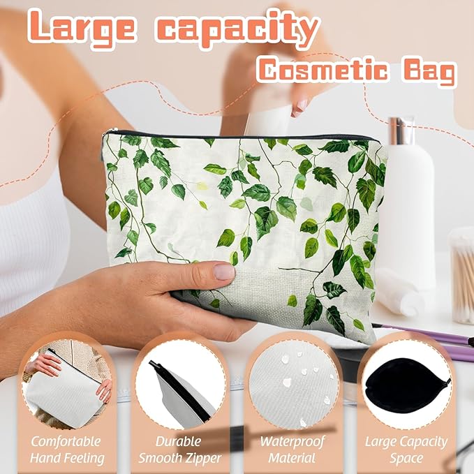 Makeup Bag Travel Cosmetic Bags Small Makeup Case Waterproof Zipper Pouch for Women Girls 7X9inches - Green Ivy Leaves Cascading on White