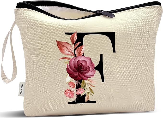 Vavabox A-Z Personalized Makeup Bag, Birthday Gifts for Women Mom, Gifts for Best Friend, Bride Bridesmaid Cosmetic bag (F, Yellow)