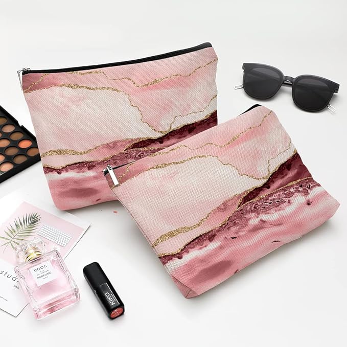 Cute Makeup Bag for Purse Canvas Waterproof Funny Cosmetic Bags for Women Zipper Travel Toiletry Pouch-Pink Marble Makeup Bags