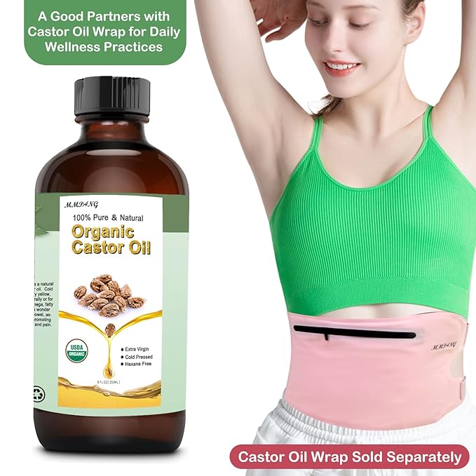 Organic Castor Oil (8oz Glass bottle) USDA Certified 100% Pure Natural, Cold Pressed, Hexane Free. Castor Oil for Hair Growth, Thicker Lashes & Fuller Brows