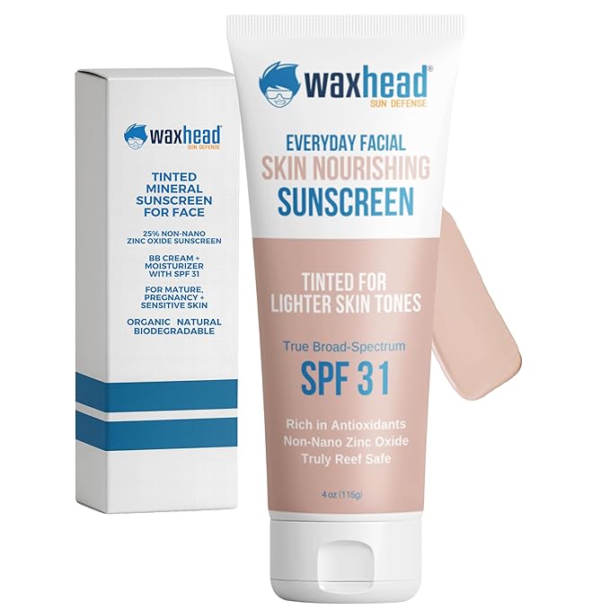 Tinted Mineral Sunscreen for Face SPF 31 by Waxhead – Non-Nano Zinc Oxide BB Cream Moisturizer, Unscented, Non-Comedogenic Facial Sunscreen + Primer for Daily Wear (Light Tint 4oz)