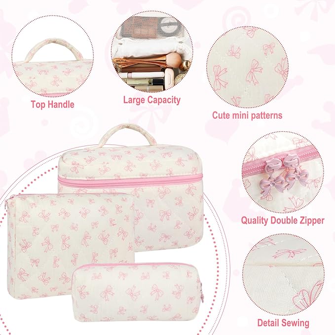 3Pcs Makeup Bag Quilted Cotton Cosmetic Bags for Women Large Small Pink Bow Makeup Pouch Set Cute Coquette Floral Travel Bags Portable Skincare Toiletry Bag Vintage Puffy Essential Organizer