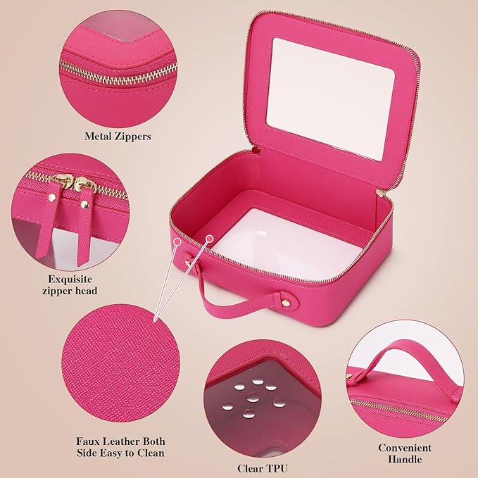Pinkmik Clear Makeup Bag with Brush Bag 2pcs Waterproof Travel Case for Cosmetics and Toiletries Women's Cosmetic Organizer with Zipper (X/Fuxia, L+SLIM)