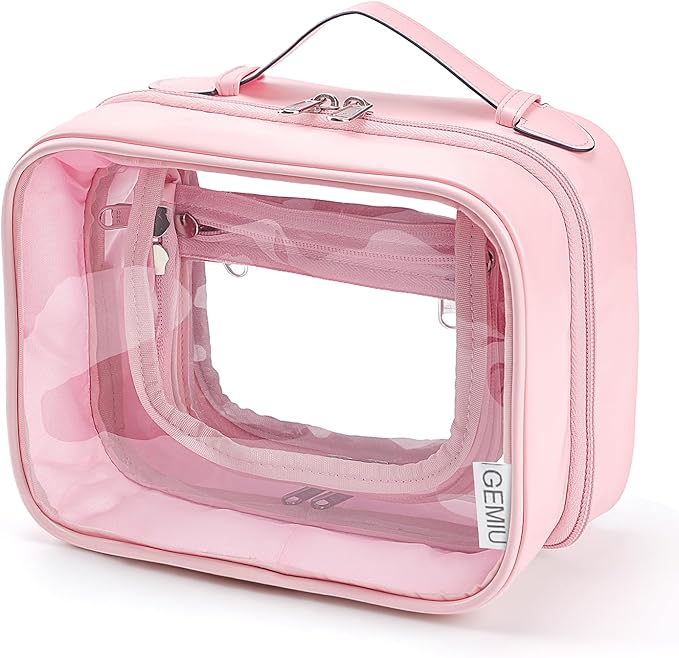 GEMIU Clear Makeup Bag Toiletry Bag for Women 4 Compartments Travel Cosmetic Case Large Capacity Waterproof Skincare Pouch Organizers with Zippe Deep Pink