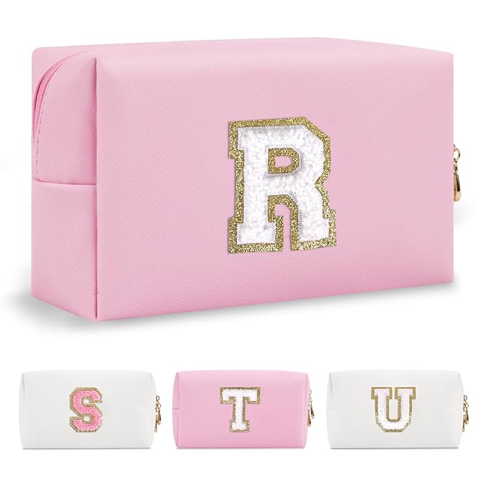 Personalized Initial A-Z Preppy Patch Makeup Bag,Small PU Chenille Letter Cosmetic Bag with Zipper for Teen Girls,Pink Cute Toiletry Organizer Bag,Monogram Makeup Case Gift for Women Girls,Letter R