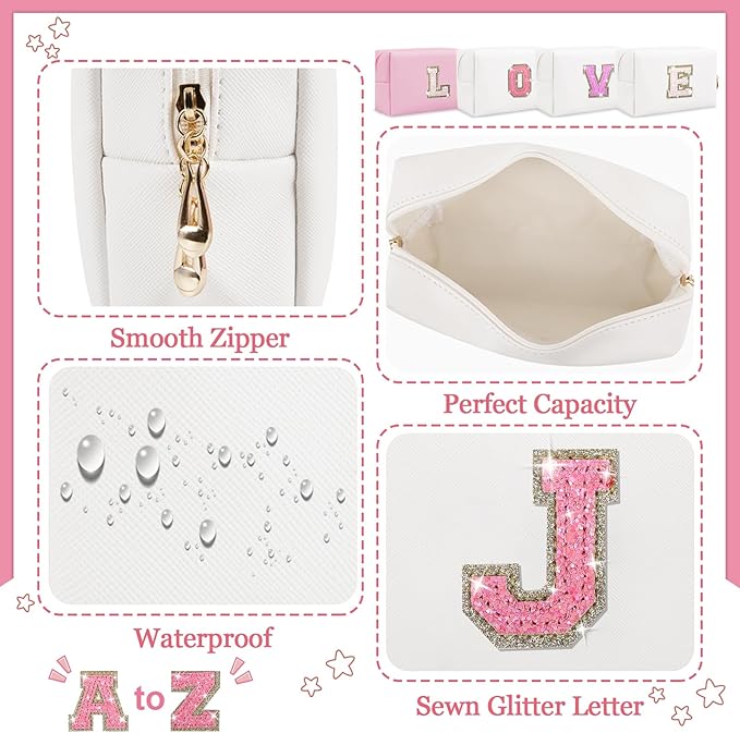 Initial Letter Patch Makeup Bag, Small Preppy A-Z Glitter Letter Cosmetic Bag, PU Leather Waterproof Travel Toiletry Bag, Cute Make Up Pouch Personalized Monogrammed Gift for Women Teen Girls