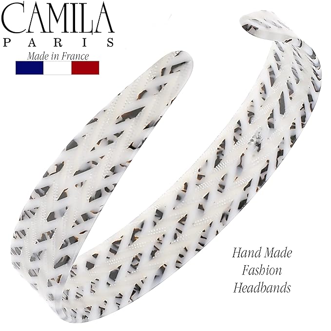 Camila Paris CP3465 French Headband for Women, Handmade White and Gray, Strong Hold Grip Women's Hair Band, Ligth and Very Flexible, No Slip and Durable Styling Girls Hair Accessories, Made in France