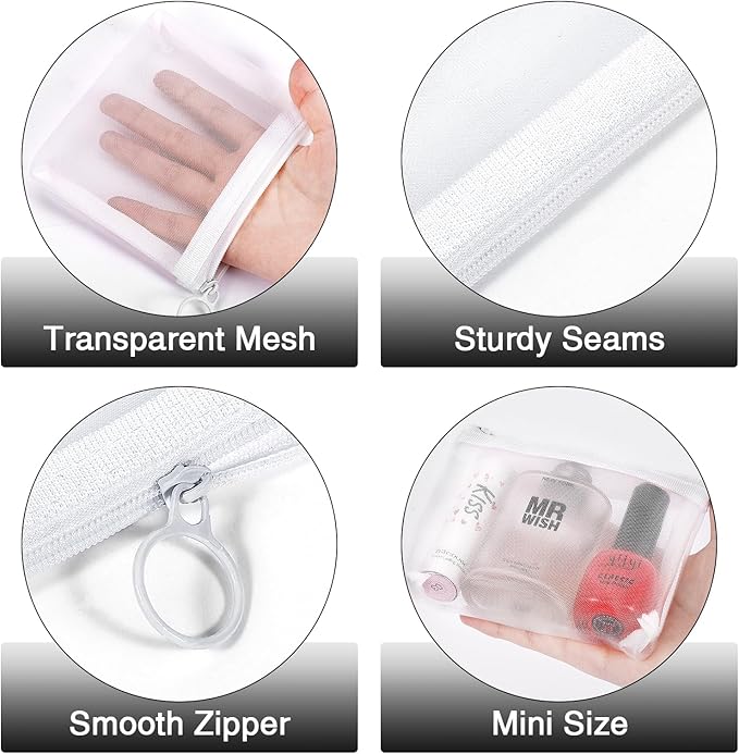 8 Pack Mini Zipper Mesh Makeup Bags, Nylon Cosmetic Bags Toiletry Purse Travel Organizer Bags Inside Bag for Office Travel Organization (Widened-White, XS)