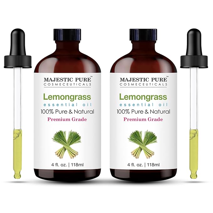 Majestic Pure Lemongrass Essential Oil with Glass Dropper - 4 Fl Oz Pack of 2-100% Pure and Natural Lemongrass Oil - Premium Grade Essential Oils for Diffuser, Aromatherapy, Soap and Candle Making