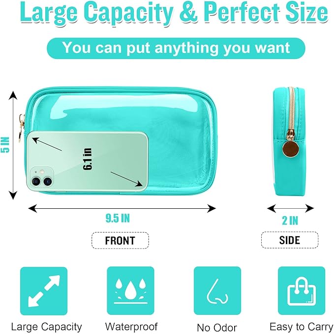 Small Clear Travel Makeup Organizer Bag for Purse, Cute Makeup Bag Preppy Cosmetic Zipper Pouch Purse, Transparent PVC & Nylon Waterproof Makeup Brush Bag Toiletry Storage Clutch for Women Girl(Mint)