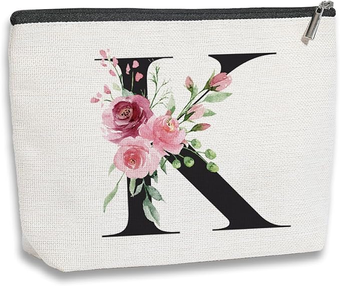 Initial Makeup Bag, Personalized Gifts for Women, Bridesmaid Gifts, Birthday Gifts for Women Mom, Gifts for Best Friend, Bride Bridesmaid Cosmetic bag (Letter K)
