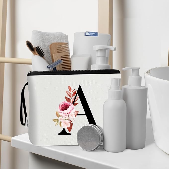 Vavabox A-Z Personalized Makeup Bag, Birthday Gifts for Women Mom, Gifts for Best Friend, Bride Bridesmaid Cosmetic bag (A, 03-White Set)