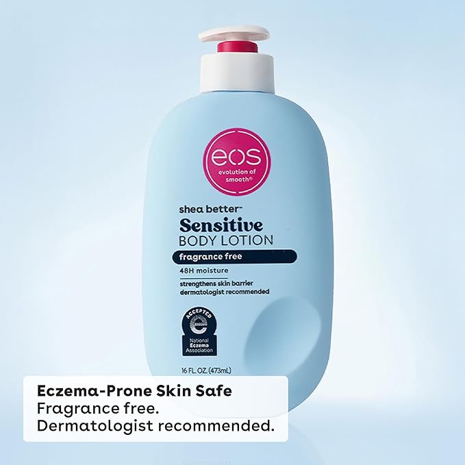 eos Shea Better Sensitive Skin Body Lotion, 48-Hour Moisture Skin Care, For Dry Skin, Fragrance Free Body Lotion, Eczema Lotion, Vegan, 16 fl oz (Packaging may vary)
