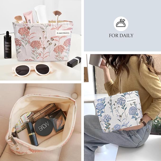 STARDW Aesthetic Floral Makeup Bag Cute Small Cosmetic Bags for Women Girls, Travel Toiletry Bag Large Capacity Zipper Makeup Pouch, Purse Organizer Pouches