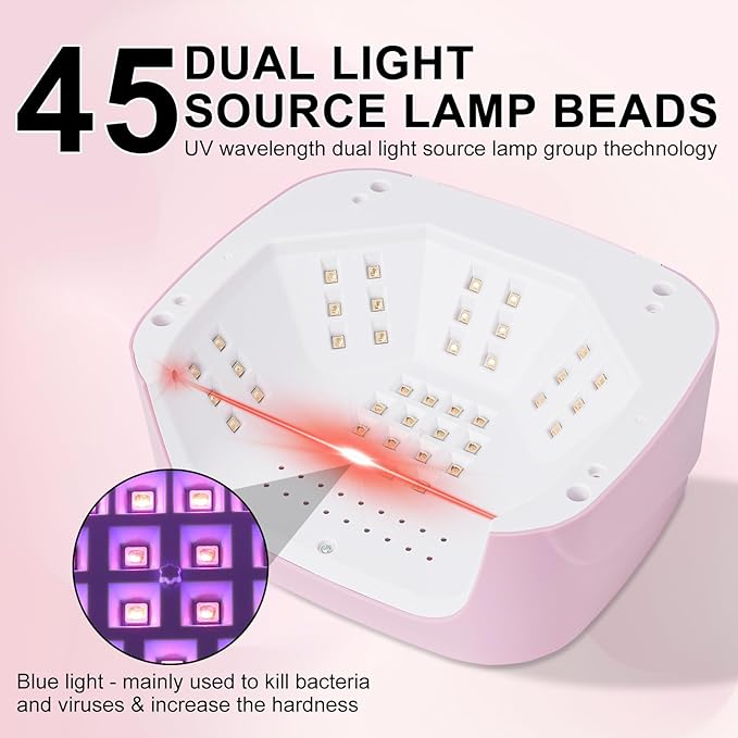 LIMEGIRL UV LED Nail Lamp Kit for Gel Polish Professional Fast Curing Pink Dryer Light Set with 45PCS Lamp Beads and Gloves and Auto Sensor Cordless Rechargeable Nail Art Cure Machine for Manicure